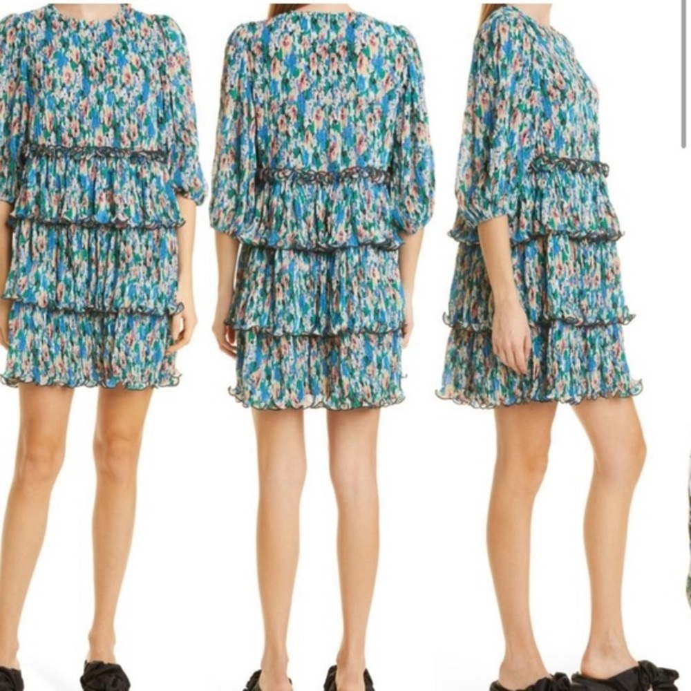 GANNI Floral Layered Plisse Georgette Dress